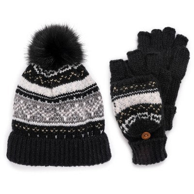 MUK LUKS Women's Mixed Yarn Beanie And Mitten Set-Mix Ebony OS